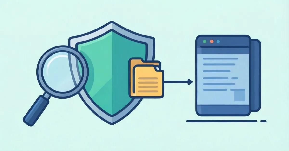 a software package connected to an append-only log with a magnifying glass and a device shield, clean flat illustration, no text or logos