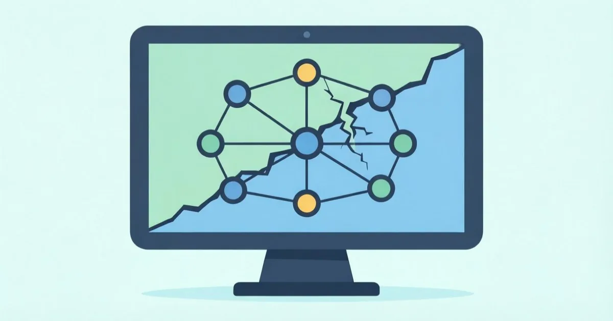 an AI research lab monitor showing a network diagram with a broken isolation boundary between a test environment and the open internet, clean flat illustration, no text or logos