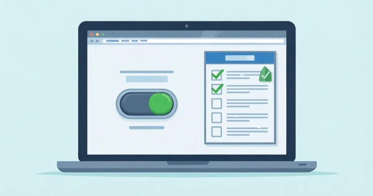 a person choosing between an automatic toggle switch and a manual approval checklist on a laptop screen, clean flat illustration, no text or logos