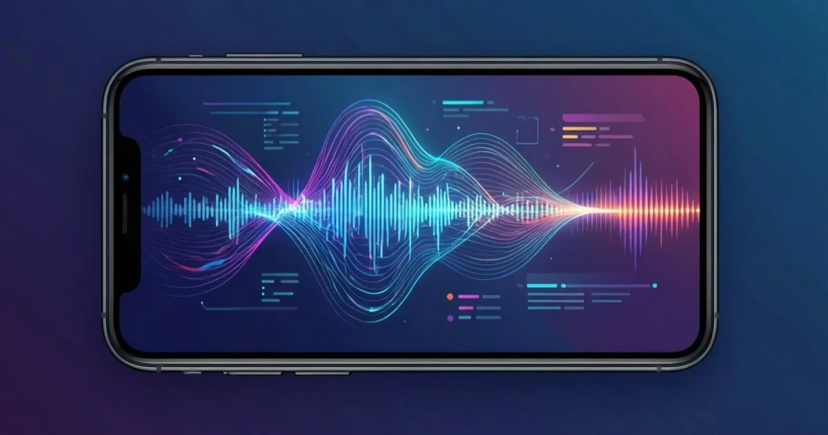 a smartphone screen showing a colorful abstract AI assistant interface with voice waveform, no text or logos