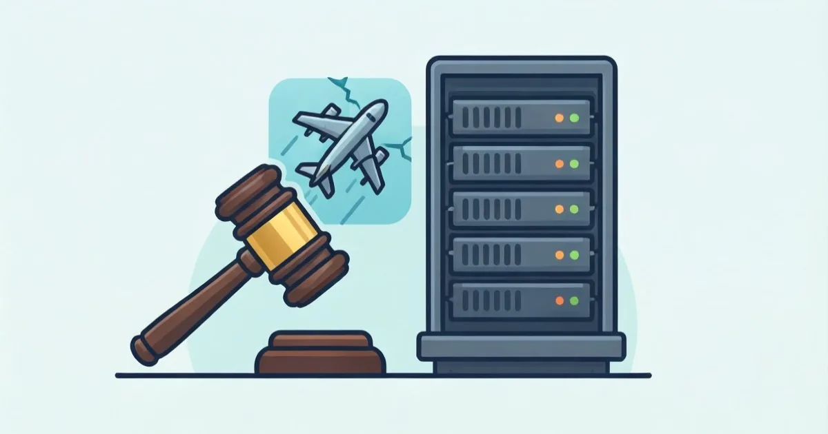 an auction gavel next to a cracked airplane logo icon and a large server rack, clean flat illustration, no text or logos