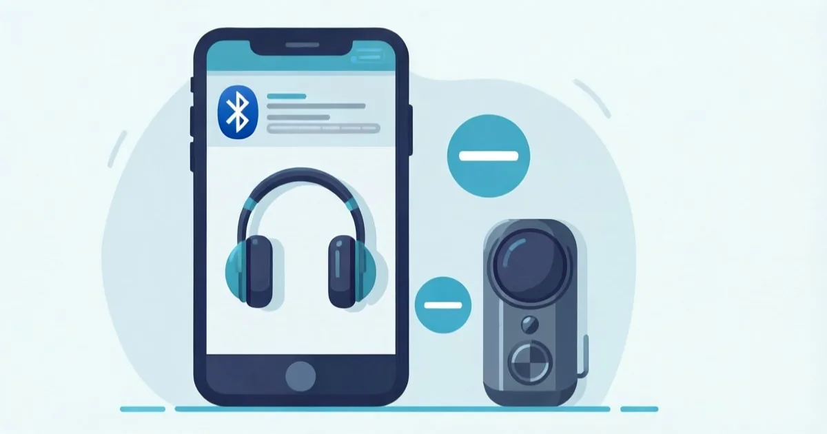 a smartphone showing a Bluetooth settings list with familiar headphones and an unknown device being removed, clean flat illustration, no text or logos