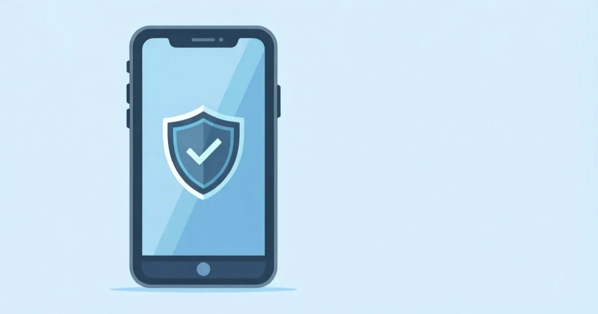 a smartphone screen showing a software update icon with a shield symbol, clean flat illustration, no text or logos