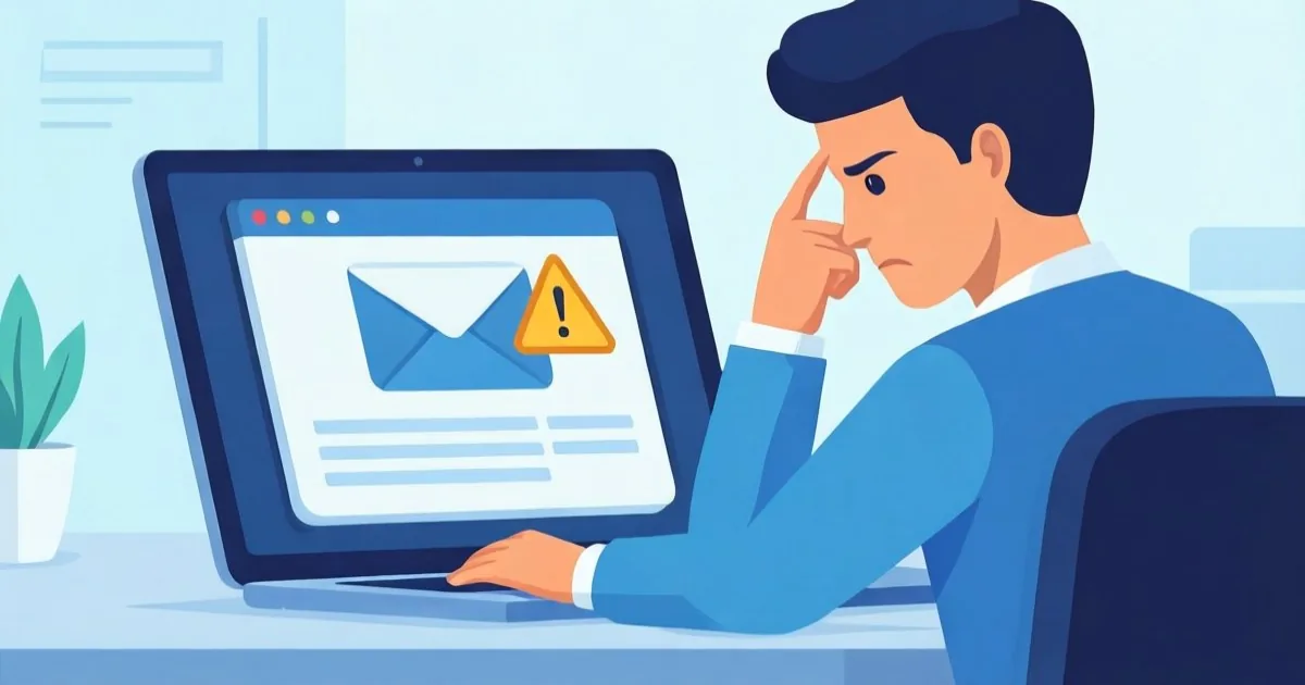 an office worker looking suspiciously at an email on a laptop screen with a warning icon, clean flat illustration, no text or logos