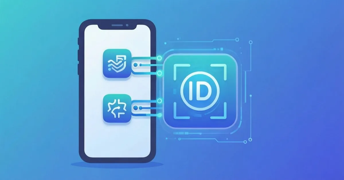a smartphone screen showing two app icons merging into one unified digital ID app icon, clean flat illustration, no text or logos