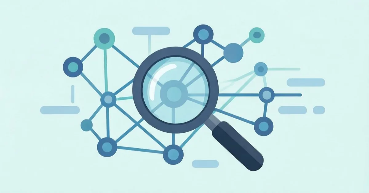 a magnifying glass hovering over an abstract network diagram, clean flat illustration, no text or logos
