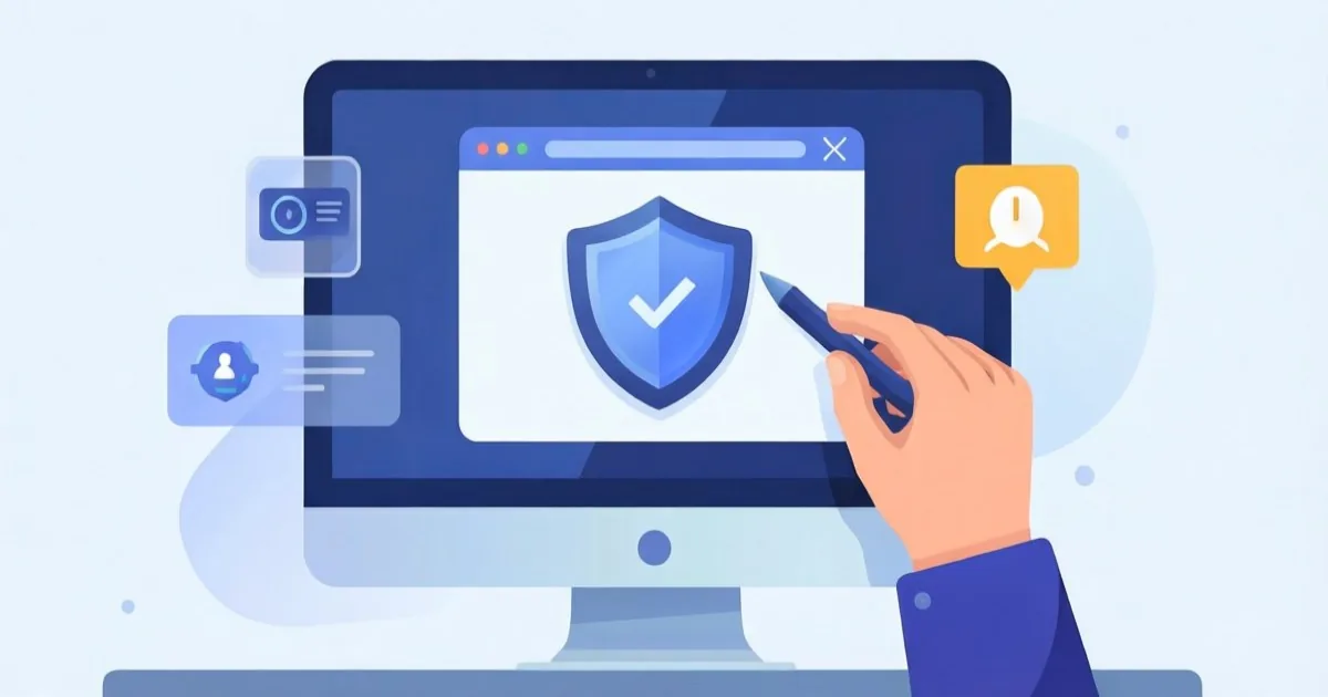 a beginner choosing one application window instead of the entire desktop before a video meeting, privacy shield and notification icons, clean flat illustration, no text or logos