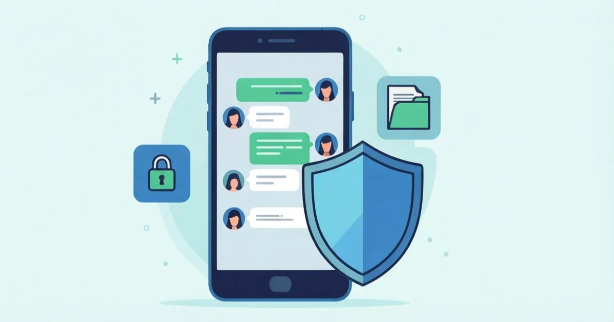 a person typing into an AI chatbot with sensitive personal information icons being blocked before submission, clean flat illustration, no text or logos